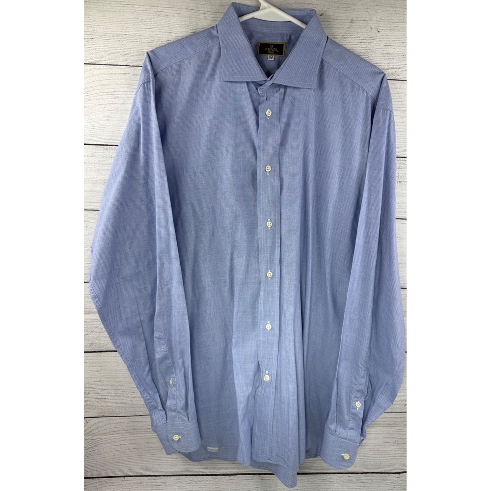 VTG Fendi Mens Light Blue Textured Cotton Button Down Dress Shirt Size 17 43
